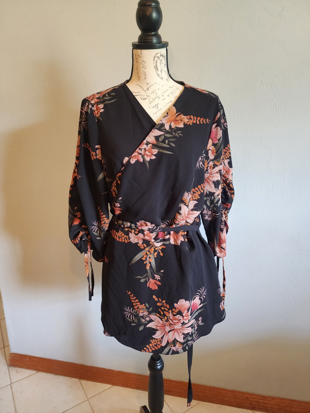 City Chic Black Floral Wrap Tunic with Peach Blooms